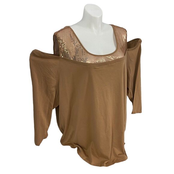 Denim 24/7 Top Womens 4x Brown Sequin Knit Shirt Cold Shoulder Office Casual - Picture 5 of 14